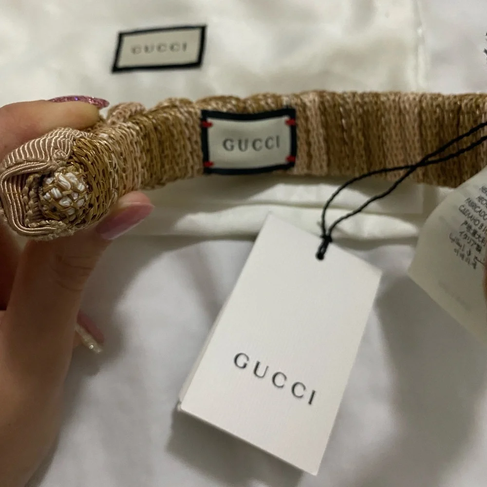 Gucci Braided Straw Rattan Headband GG Logo In Light Brown - Picture 11 of 11